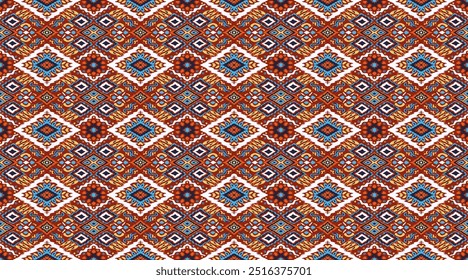 Ikat geometric folklore ornament with diamonds. Tribal ethnic vector texture. Seamless striped pattern in Aztec style. Folk embroidery. Indian, Scandinavian, Gypsy, Mexican, African rug.