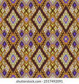 Ikat geometric folklore ornament with diamonds. Tribal ethnic vector texture. Seamless striped pattern in Aztec style. Folk embroidery. Indian, Scandinavian, Gypsy, Mexican, African rug.