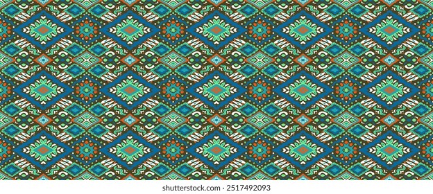 Ikat geometric folklore ornament with diamonds. Tribal ethnic vector texture. Seamless striped pattern in Aztec style. Folk embroidery. Indian, Scandinavian, Gypsy, Mexican, African rug.