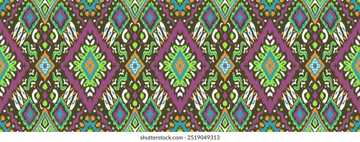 Ikat geometric folklore ornament with diamonds. Tribal ethnic vector texture. Seamless striped pattern in Aztec style. Folk embroidery. Indian, Scandinavian, Gypsy, Mexican, African rug.