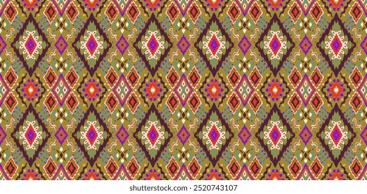 Ikat geometric folklore ornament with diamonds. Tribal ethnic vector texture. Seamless striped pattern in Aztec style. Folk embroidery. Indian, Scandinavian, Gypsy, Mexican, African rug.