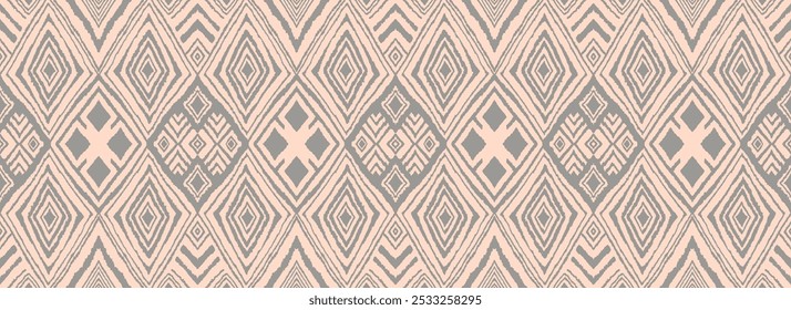 Ornamento folclórico geométrico Ikat com diamantes. Textura de vetores étnicos tribais. Padrão listrado sem costura em estilo asteca. Bordado popular. tapete indiano, escandinavo, cigano, mexicano, africano.