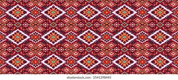 Ornamento folclórico geométrico Ikat com diamantes. Textura de vetores étnicos tribais. Padrão listrado sem costura em estilo asteca. Bordado popular. tapete indiano, escandinavo, cigano, mexicano, africano.