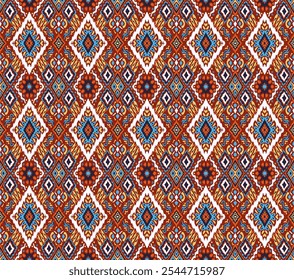 Ikat geometric folklore ornament with diamonds. Tribal ethnic vector texture. Seamless striped pattern in Aztec style. Folk embroidery. Indian, Scandinavian, Gypsy, Mexican, African rug.