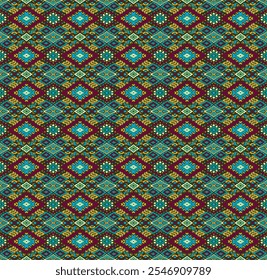 Ornamento folclórico geométrico Ikat com diamantes. Textura de vetores étnicos tribais. Padrão listrado sem costura em estilo asteca. Bordado popular. tapete indiano, escandinavo, cigano, mexicano, africano.