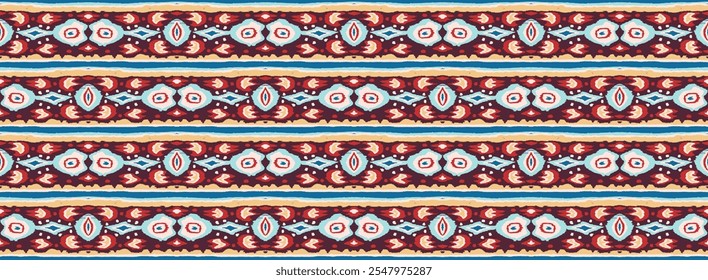 Ornamento folclórico geométrico Ikat com diamantes. Textura de vetores étnicos tribais. Padrão listrado sem costura em estilo asteca. Bordado popular. tapete indiano, escandinavo, cigano, mexicano, africano.