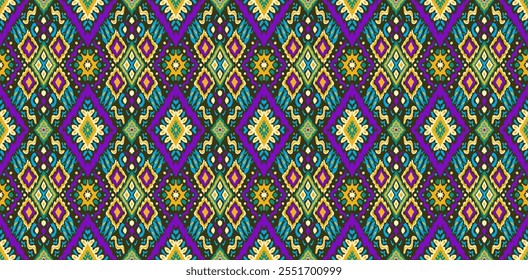 Ikat geometric folklore ornament with diamonds. Tribal ethnic vector texture. Seamless striped pattern in Aztec style. Folk embroidery. Indian, Scandinavian, Gypsy, Mexican, African rug.