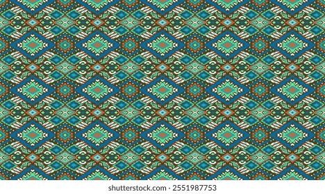 Ikat geometric folklore ornament with diamonds. Tribal ethnic vector texture. Seamless striped pattern in Aztec style. Folk embroidery. Indian, Scandinavian, Gypsy, Mexican, African rug.