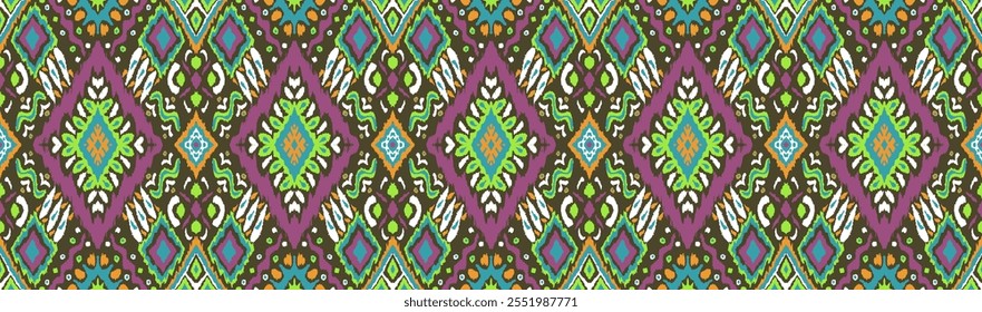 Ikat geometric folklore ornament with diamonds. Tribal ethnic vector texture. Seamless striped pattern in Aztec style. Folk embroidery. Indian, Scandinavian, Gypsy, Mexican, African rug.