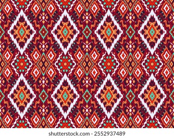 Ikat geometric folklore ornament with diamonds. Tribal ethnic vector texture. Seamless striped pattern in Aztec style. Folk embroidery. Indian, Scandinavian, Gypsy, Mexican, African rug.