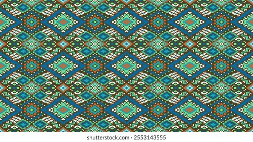 Ikat geometric folklore ornament with diamonds. Tribal ethnic vector texture. Seamless striped pattern in Aztec style. Folk embroidery. Indian, Scandinavian, Gypsy, Mexican, African rug.