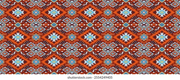 Ikat geometric folklore ornament with diamonds. Tribal ethnic vector texture. Seamless striped pattern in Aztec style. Folk embroidery. Indian, Scandinavian, Gypsy, Mexican, African rug.