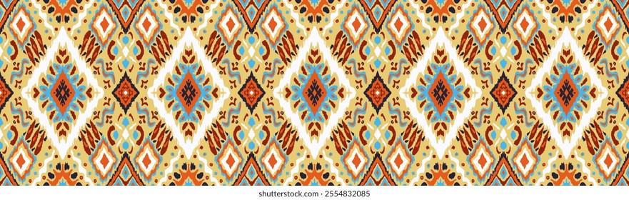 Ikat geometric folklore ornament with diamonds. Tribal ethnic vector texture. Seamless striped pattern in Aztec style. Folk embroidery. Indian, Scandinavian, Gypsy, Mexican, African rug.