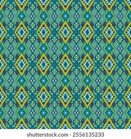 Ikat geometric folklore ornament with diamonds. Tribal ethnic vector texture. Seamless striped pattern in Aztec style. Folk embroidery. Indian, Scandinavian, Gypsy, Mexican, African rug.