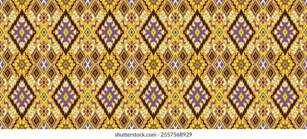 Ikat geometric folklore ornament with diamonds. Tribal ethnic vector texture. Seamless striped pattern in Aztec style. Folk embroidery. Indian, Scandinavian, Gypsy, Mexican, African rug.