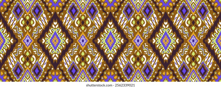 Ikat geometric folklore ornament with diamonds. Tribal ethnic vector texture. Seamless striped pattern in Aztec style. Folk embroidery. Indian, Scandinavian, Gypsy, Mexican, African rug.