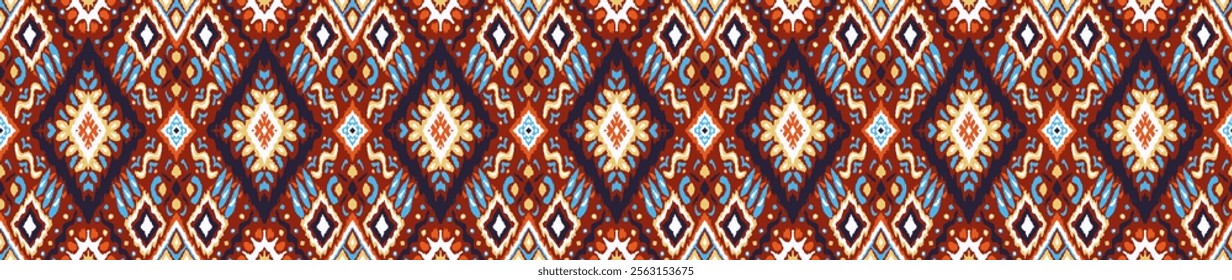 Ikat geometric folklore ornament with diamonds. Tribal ethnic vector texture. Seamless striped pattern in Aztec style. Folk embroidery. Indian, Scandinavian, Gypsy, Mexican, African rug.