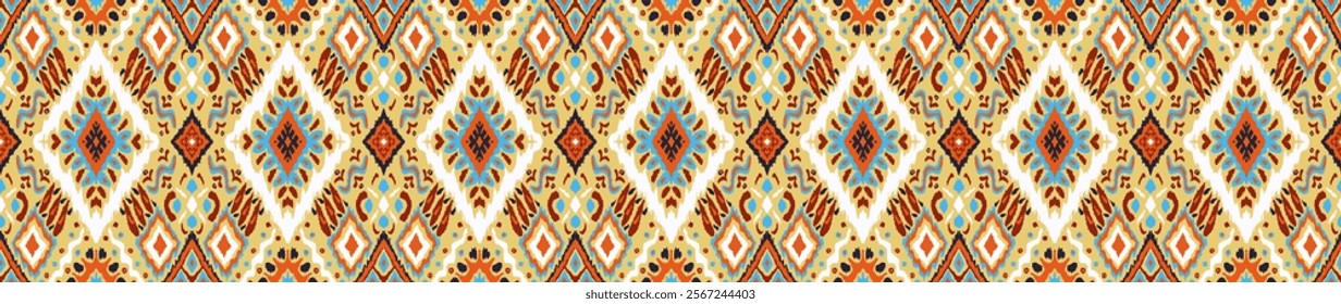 Ikat geometric folklore ornament with diamonds. Tribal ethnic vector texture. Seamless striped pattern in Aztec style. Folk embroidery. Indian, Scandinavian, Gypsy, Mexican, African rug.