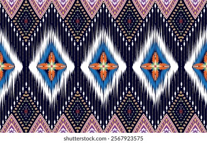 Ikat geometric folklore ornament with diamonds. Tribal ethnic vector texture. Seamless striped pattern in Aztec style. Folk embroidery. Indian, Scandinavian, Gypsy, Mexican, African rug.