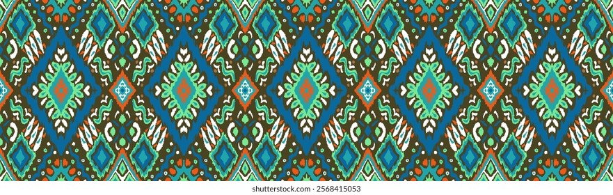 Ikat geometric folklore ornament with diamonds. Tribal ethnic vector texture. Seamless striped pattern in Aztec style. Folk embroidery. Indian, Scandinavian, Gypsy, Mexican, African rug.