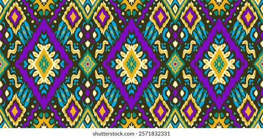 Ikat geometric folklore ornament with diamonds. Tribal ethnic vector texture. Seamless striped pattern in Aztec style. Folk embroidery. Indian, Scandinavian, Gypsy, Mexican, African rug.