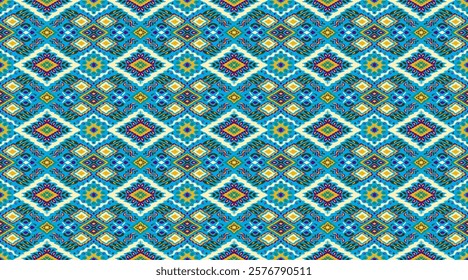 Ikat geometric folklore ornament with diamonds. Tribal ethnic vector texture. Seamless striped pattern in Aztec style. Folk embroidery. Indian, Scandinavian, Gypsy, Mexican, African rug.