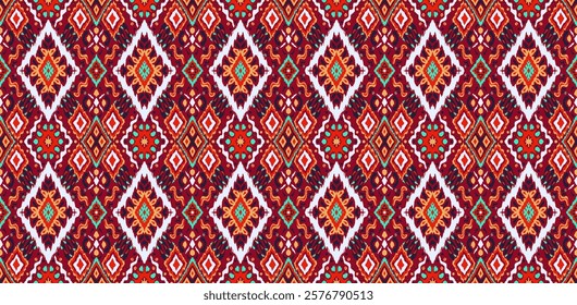 Ikat geometric folklore ornament with diamonds. Tribal ethnic vector texture. Seamless striped pattern in Aztec style. Folk embroidery. Indian, Scandinavian, Gypsy, Mexican, African rug.