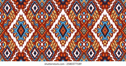 Ikat geometric folklore ornament with diamonds. Tribal ethnic vector texture. Seamless striped pattern in Aztec style. Folk embroidery. Indian, Scandinavian, Gypsy, Mexican, African rug.