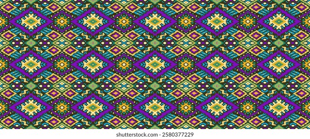 Ikat geometric folklore ornament with diamonds. Tribal ethnic vector texture. Seamless striped pattern in Aztec style. Folk embroidery. Indian, Scandinavian, Gypsy, Mexican, African rug.