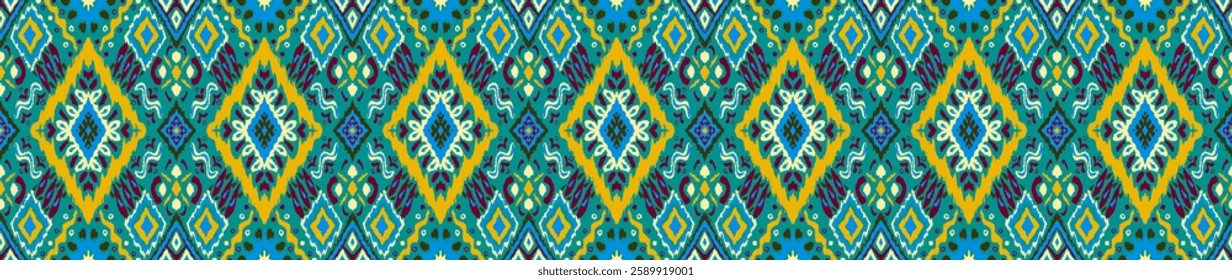 Ikat geometric folklore ornament with diamonds. Tribal ethnic vector texture. Seamless striped pattern in Aztec style. Folk embroidery. Indian, Scandinavian, Gypsy, Mexican, African rug.