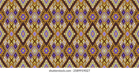 Ikat geometric folklore ornament with diamonds. Tribal ethnic vector texture. Seamless striped pattern in Aztec style. Folk embroidery. Indian, Scandinavian, Gypsy, Mexican, African rug.