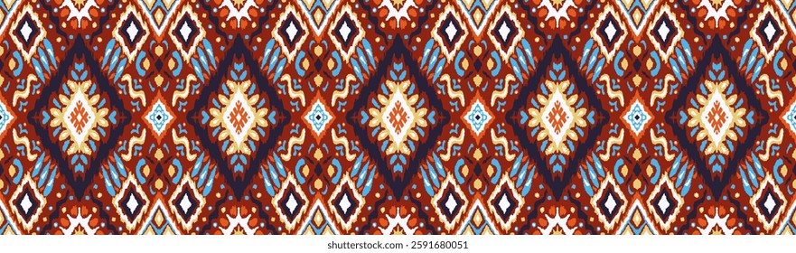 Ikat geometric folklore ornament with diamonds. Tribal ethnic vector texture. Seamless striped pattern in Aztec style. Folk embroidery. Indian, Scandinavian, Gypsy, Mexican, African rug.