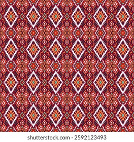 Ikat geometric folklore ornament with diamonds. Tribal ethnic vector texture. Seamless striped pattern in Aztec style. Folk embroidery. Indian, Scandinavian, Gypsy, Mexican, African rug.