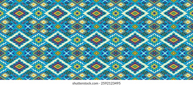 Ikat geometric folklore ornament with diamonds. Tribal ethnic vector texture. Seamless striped pattern in Aztec style. Folk embroidery. Indian, Scandinavian, Gypsy, Mexican, African rug.