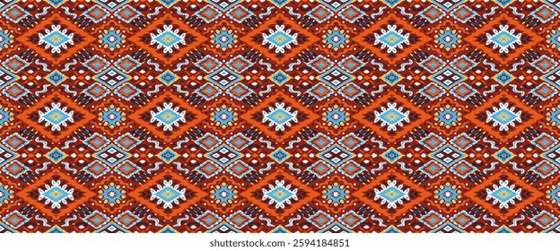 Ikat geometric folklore ornament with diamonds. Tribal ethnic vector texture. Seamless striped pattern in Aztec style. Folk embroidery. Indian, Scandinavian, Gypsy, Mexican, African rug.