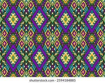 Ikat geometric folklore ornament with diamonds. Tribal ethnic vector texture. Seamless striped pattern in Aztec style. Folk embroidery. Indian, Scandinavian, Gypsy, Mexican, African rug.