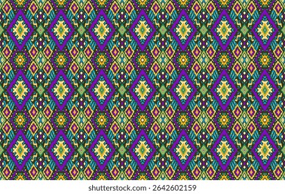 Ornamento folclórico geométrico Ikat com diamantes. Textura de vetores étnicos tribais. Padrão listrado sem costura em estilo asteca. Bordado popular. tapete indiano, escandinavo, cigano, mexicano, africano.