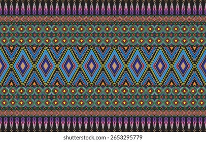 Ornamento folclórico geométrico Ikat com diamantes. Textura de vetores étnicos tribais. Padrão listrado sem costura em estilo asteca. Bordado popular. tapete indiano, escandinavo, cigano, mexicano, africano.