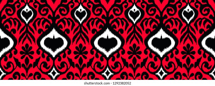 Ikat geometric folklore ornament. Oriental vector damask pattern. Ancient art of Arabesque. Tribal ethnic texture. Spanish motif on the carpet.  Aztec style.  Indian rug. Gypsy, Mexican  embroidery.
