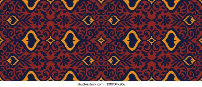 Ikat geometric folklore ornament. Oriental vector damask pattern. Ancient art of Arabesque. Tribal ethnic texture. Spanish motif on the carpet.  Aztec style.  Indian rug. Gypsy, Mexican  embroidery.