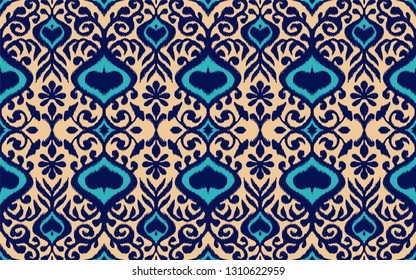 Ikat geometric folklore ornament. Oriental vector damask pattern. Ancient art of Arabesque. Tribal ethnic texture. Spanish motif on the carpet.  Aztec style.  Indian rug. Gypsy, Mexican  embroidery.