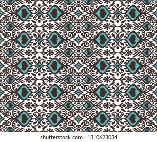 Ikat geometric folklore ornament. Oriental vector damask pattern. Ancient art of Arabesque. Tribal ethnic texture. Spanish motif on the carpet.  Aztec style.  Indian rug. Gypsy, Mexican  embroidery.