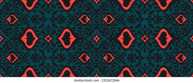 Ikat geometric folklore ornament. Oriental vector damask pattern. Ancient art of Arabesque. Tribal ethnic texture. Spanish motif on the carpet.  Aztec style.  Indian rug. Gypsy, Mexican  embroidery.