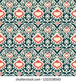 Ikat geometric folklore ornament. Oriental vector damask pattern. Ancient art of Arabesque. Tribal ethnic texture. Spanish motif on the carpet.  Aztec style.  Indian rug. Gypsy, Mexican  embroidery.