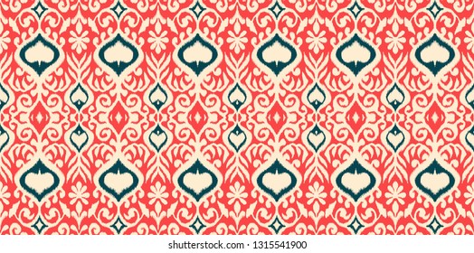 Ikat geometric folklore ornament. Oriental vector damask pattern. Ancient art of Arabesque. Tribal ethnic texture. Spanish motif on the carpet.  Aztec style.  Indian rug. Gypsy, Mexican  embroidery.