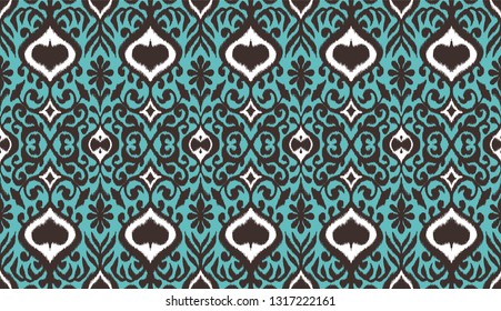 Ikat geometric folklore ornament. Oriental vector damask pattern. Ancient art of Arabesque. Tribal ethnic texture. Spanish motif on the carpet.  Aztec style.  Indian rug. Gypsy, Mexican  embroidery.