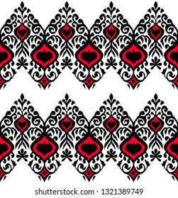 Ikat geometric folklore ornament. Oriental vector damask pattern. Ancient art of Arabesque. Tribal ethnic texture. Spanish motif on the carpet.  Aztec style.  Indian rug. Gypsy, Mexican  embroidery.