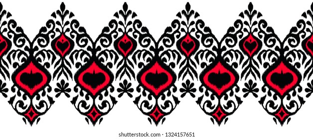 Ikat geometric folklore ornament. Oriental vector damask pattern. Ancient art of Arabesque. Tribal ethnic texture. Spanish motif on the carpet.  Aztec style.  Indian rug. Gypsy, Mexican  embroidery.