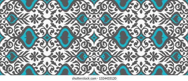 Ikat geometric folklore ornament. Oriental vector damask pattern. Ancient art of Arabesque. Tribal ethnic texture. Spanish motif on the carpet.  Aztec style.  Indian rug. Gypsy, Mexican  embroidery.