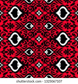 Ikat geometric folklore ornament. Oriental vector damask pattern. Ancient art of Arabesque. Tribal ethnic texture. Spanish motif on the carpet.  Aztec style.  Indian rug. Gypsy, Mexican  embroidery.